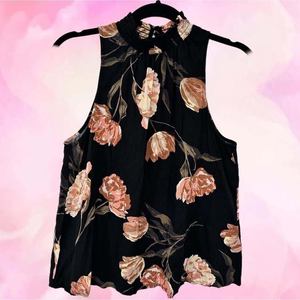 A New Day Black Floral Mock Neck Ruched Sleeveless Blouse - Picture 2 of 6
